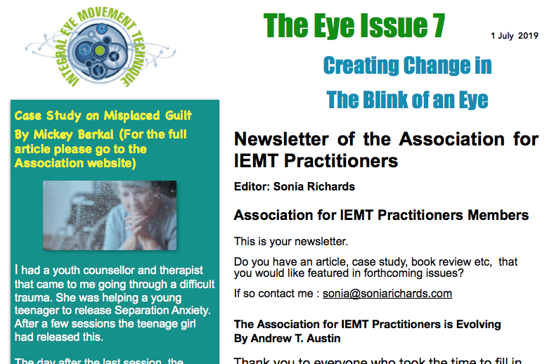 Screenshot of a newsletter titled The Eye Issue 7 dated 1 July 2019, featuring articles for IEMT practitioners, with...