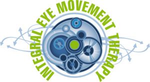 Logo for Integral Eye Movement Therapy, featuring blue abstract circular designs resembling interconnected gears or eyes, with arrows in the background and the text INTEGRAL EYE MOVEMENT THERAPY in green—ideal for trauma or PTSD support like EMDR.