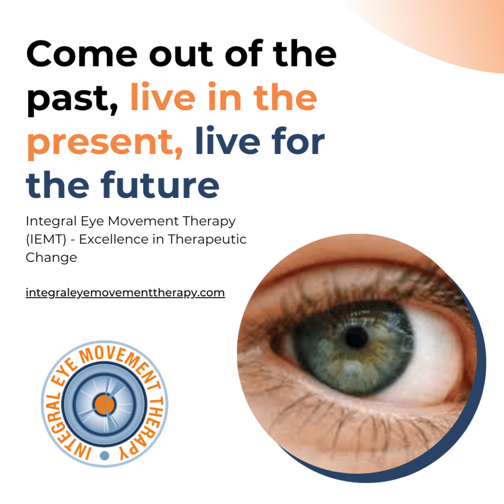 Promotional graphic for Integral Eye Movement Therapy featuring a close up of a blue green eye, highlighting support for...