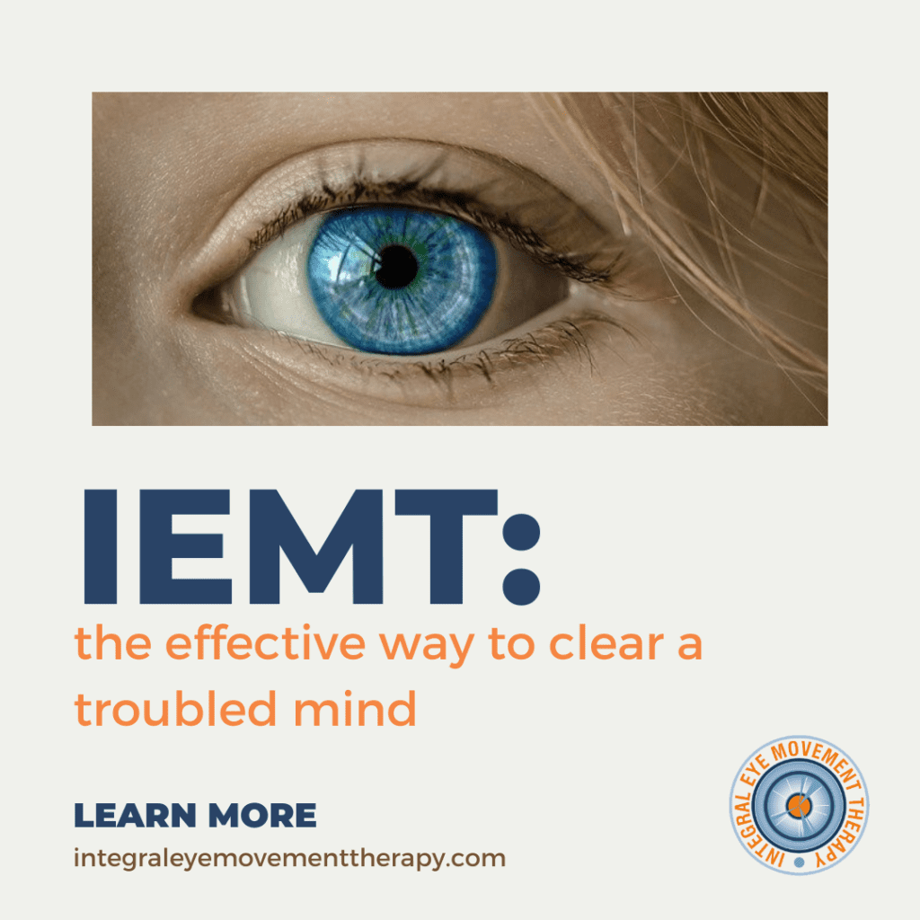 A close up of a blue green eye with digital patterns, promoting IEMT as an effective way to clear trauma or PTSD from the...