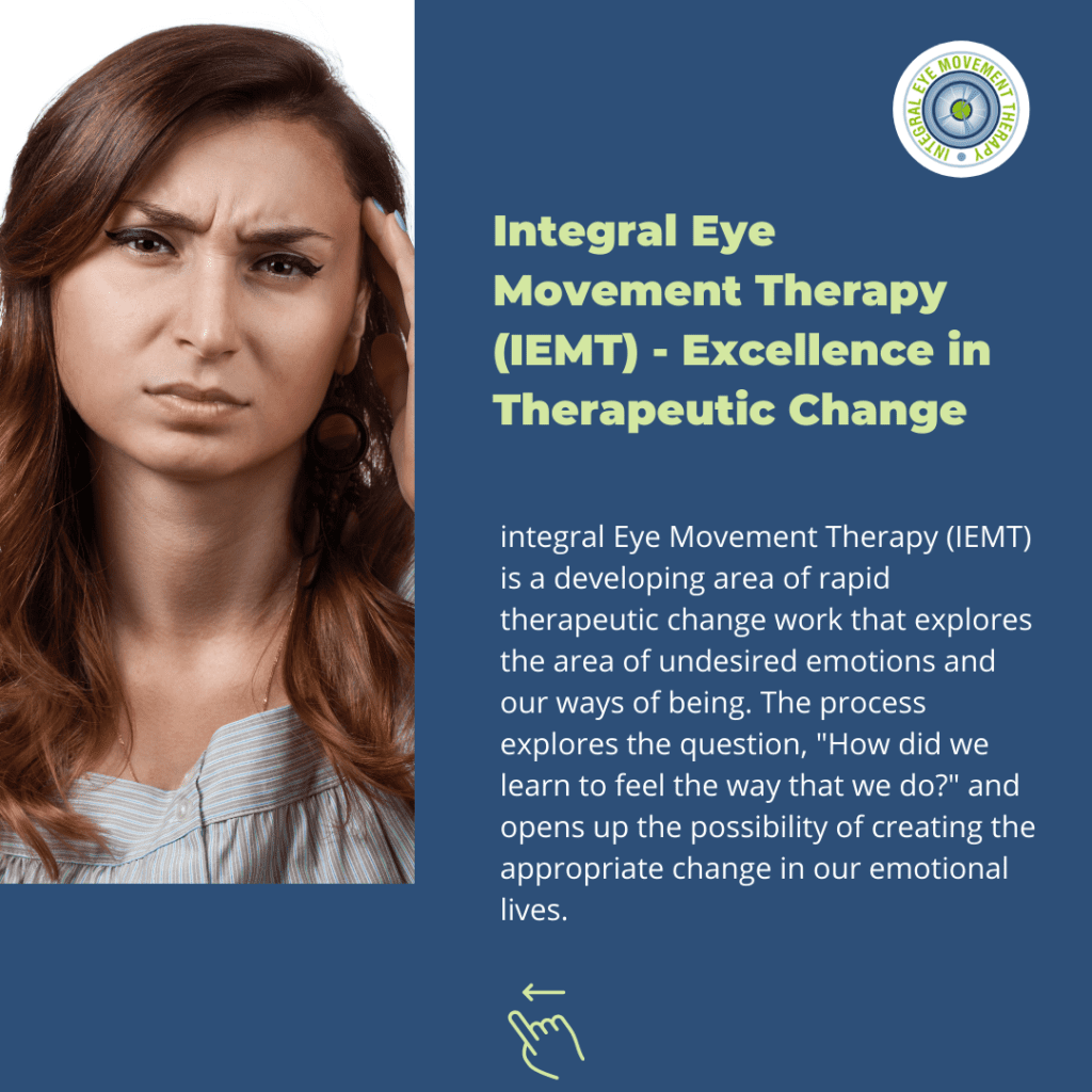 A concerned woman touches her temple, with text explaining Integral Eye Movement Therapy (IEMT) and its role in...