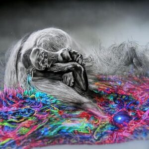 A greyscale figure curled up in a foetal position rests on a bright, swirling, multicoloured surface, with abstract textures and wisps evoking the surreal, emotional landscape of trauma and PTSD.