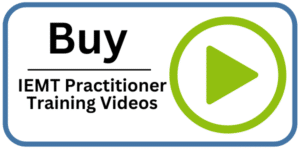 Rectangular button with a blue border, black text reading Buy IEMT Practitioner Training Videos for Trauma and PTSD, and a large green play button symbol on the right side.