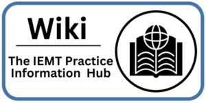 A graphic with the text Wiki The IEMT Practice Information Hub next to an icon of an open book with a globe above it, all inside a blue-bordered rectangle—highlighting resources on trauma and PTSD.