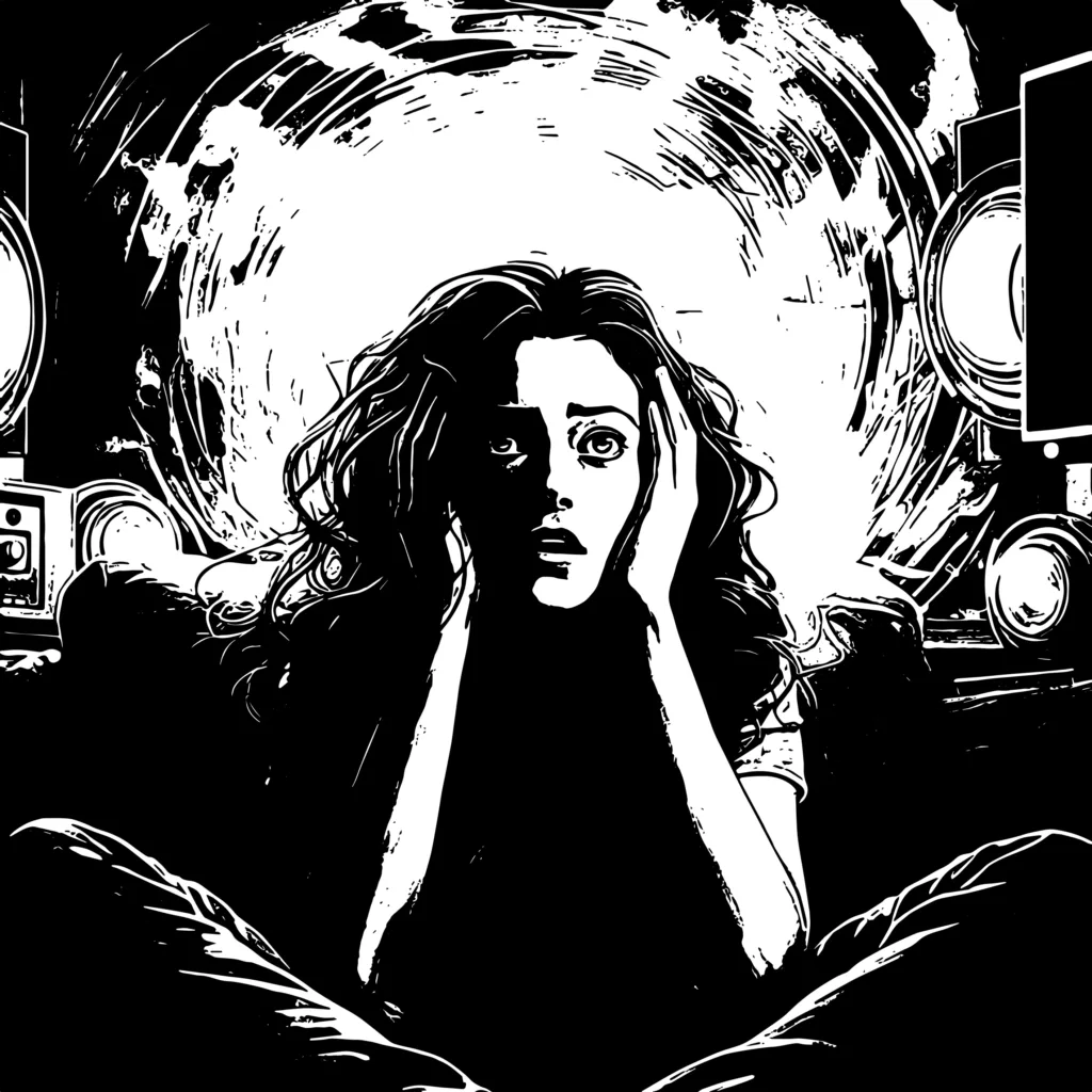 A black and white illustration of a frightened woman, possibly coping with PTSD or trauma, sits with her hands on her...