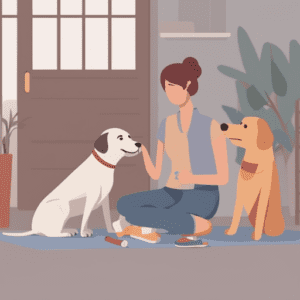 A woman sits on a mat indoors, holding a treat and smiling at a white dog with black spots and a red collar. A yellow dog sits beside her as she uses EMDR therapy tools for trauma, with dog toys and supplies scattered nearby.