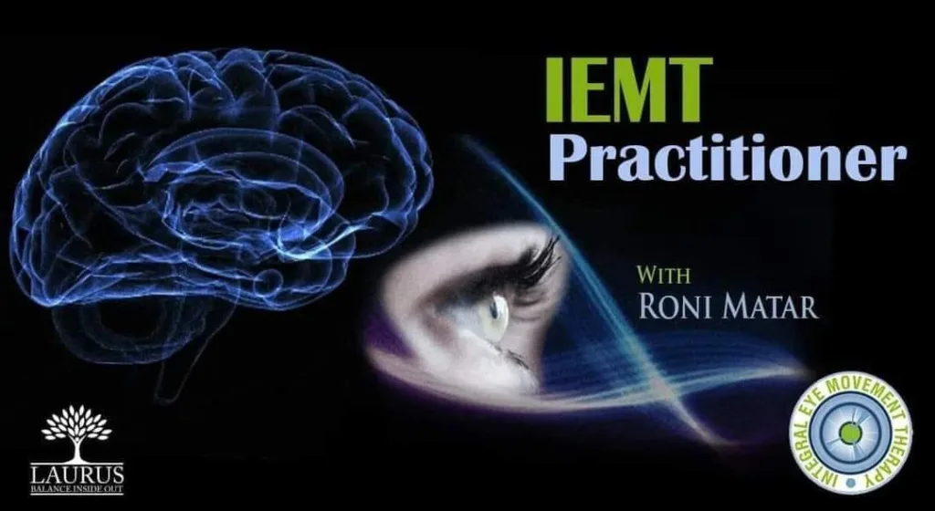 A digital graphic shows a blue outline of a human brain, a close up of an eye, and text reading IEMT Practitioner with...