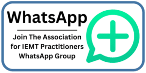 WhatsApp logo with text: Join The Association for IEMT Practitioners WhatsApp Group—connect with professionals in PTSD, EMDR, and Trauma—in a blue-outlined box.