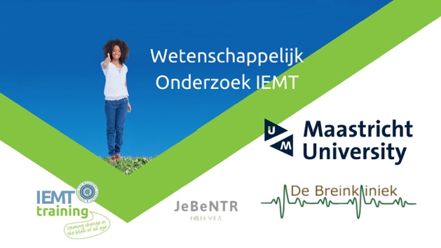 A woman stands on grass waving, next to Dutch text Wetenschappelijk Onderzoek IEMT and logos for Maastricht University,...
