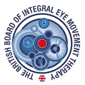 A circular logo with blue mechanical gears, a red centre, and the text THE BRITISH BOARD OF INTEGRAL EYE MOVEMENT THERAPY around the edge. A small Union Jack flag is at the bottom—symbolising support for PTSD and trauma recovery.