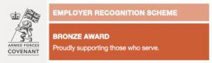 Armed Forces Covenant Bronze Award badge. Text: Employer Recognition Scheme. Bronze Award. Proudly supporting those who serve, including those overcoming trauma and PTSD. Shows a lion holding a UK flag.