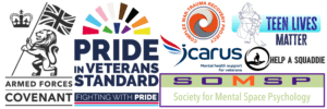 A collage of logos for various veteran and mental health organisations, including PRIDE in Veterans Standard, Armed Forces Covenant, Teen Lives Matter, Icarus, Help a Squaddie, SOMSP, and Complex PTSD charity—supporting trauma recovery and PTSD awareness.
