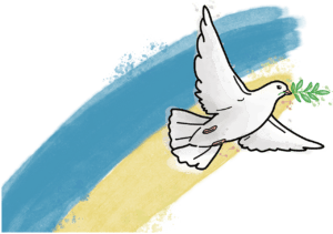 A white dove carrying an olive branch flies over a blue and yellow painted background, symbolising peace, Ukraine, and hope for healing from trauma and PTSD.