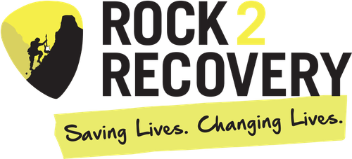 Rock 2 Recovery logo featuring a silhouette of a person climbing a rock, symbolising support for Trauma and PTSD recovery, with the words ROCK 2 RECOVERY above the slogan Saving Lives. Changing Lives. on a yellow background.
