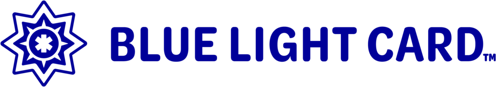 Blue Light Card logo featuring a stylised blue star-shaped badge with a medical cross in the centre, symbolising support for trauma and PTSD, next to the text BLUE LIGHT CARD in bold blue letters.