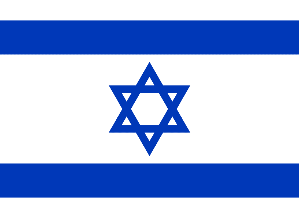 The image shows the national flag of Israel, featuring a blue Star of David centred between two horizontal blue stripes...