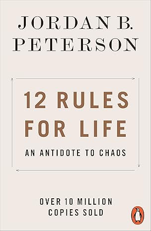 Book cover of 12 Rules for Life: An Antidote to Chaos by Jordan B. Peterson, featuring a minimalist white design with bold brown and black text, and the Penguin Books logo—exploring themes like trauma and personal growth—at the bottom right-hand corner.