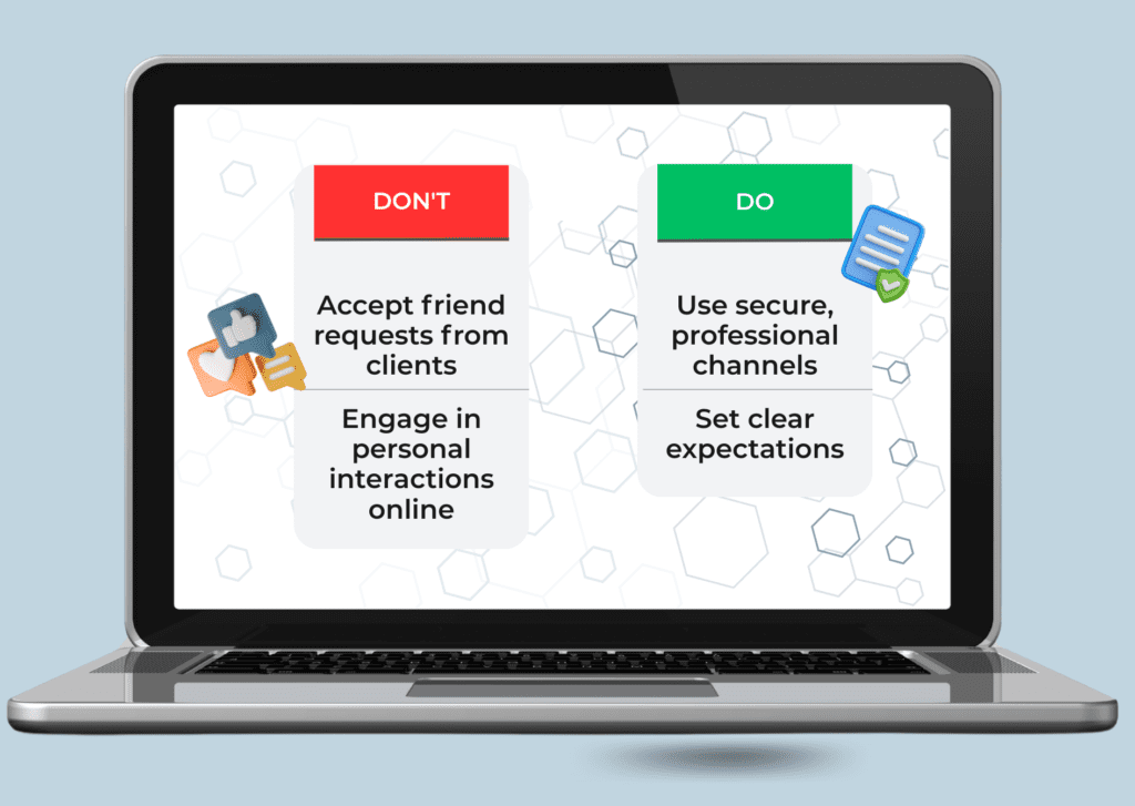 A laptop screen displays a Don't and Do list. Don't includes accepting friend requests from clients and engaging in personal online interactions about EMDR or PTSD. Do includes using secure, professional channels and setting clear expectations for trauma-related discussions.