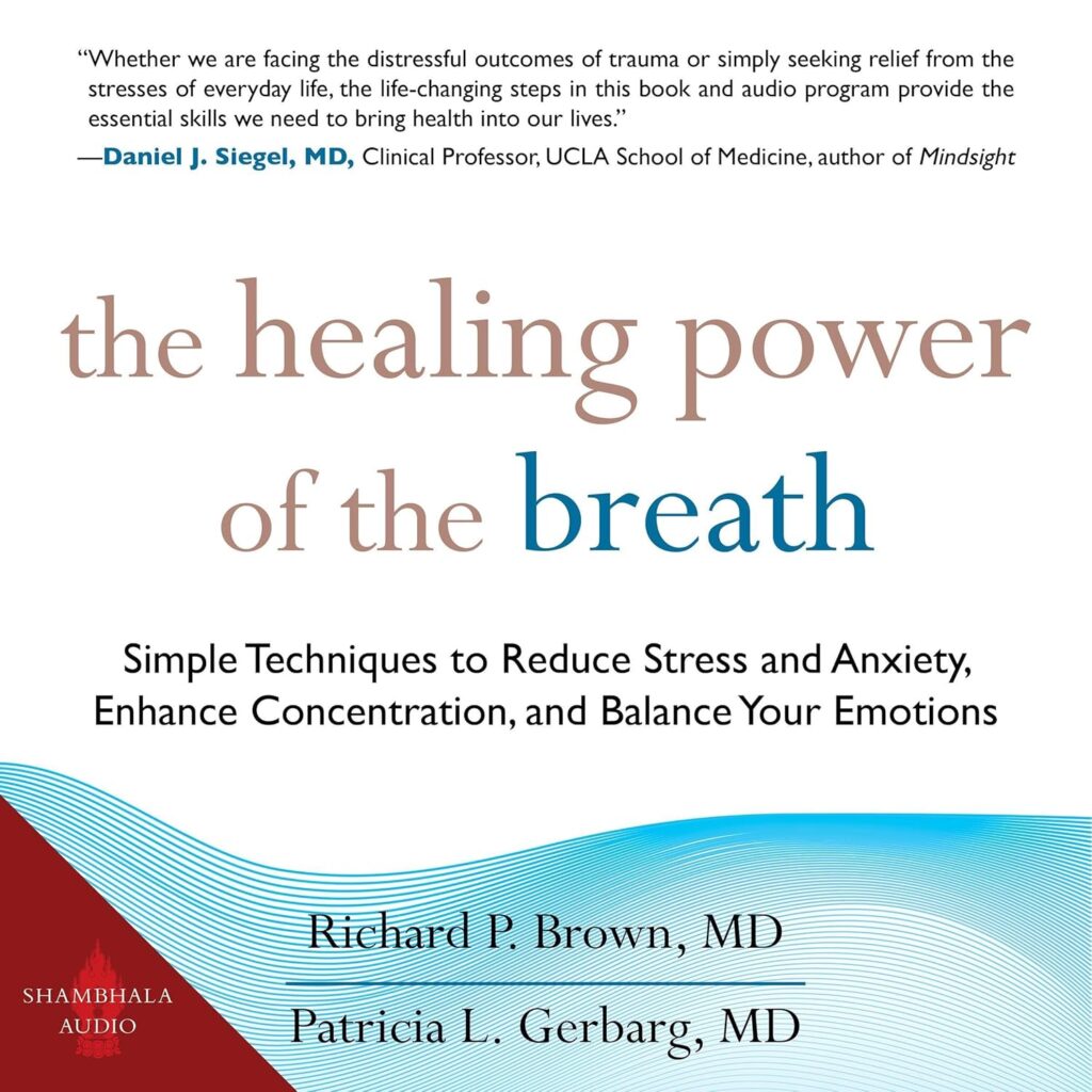 Cover of the book The Healing Power of the Breath by Richard P. Brown, MD, and Patricia L. Gerbarg, MD, featuring a testimonial, subtitle, and stylised blue wave design—an essential read for those healing from trauma or managing PTSD.