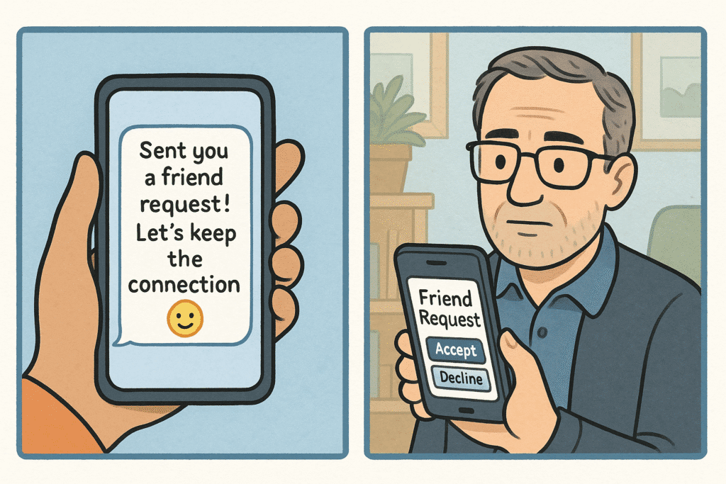 Cartoon showing a hand holding a mobile with a message saying, Sent you a friend request! Let’s keep the connection 😊, and a man—possibly dealing with PTSD—looking at his mobile, which displays Friend Request: Accept or Decline.