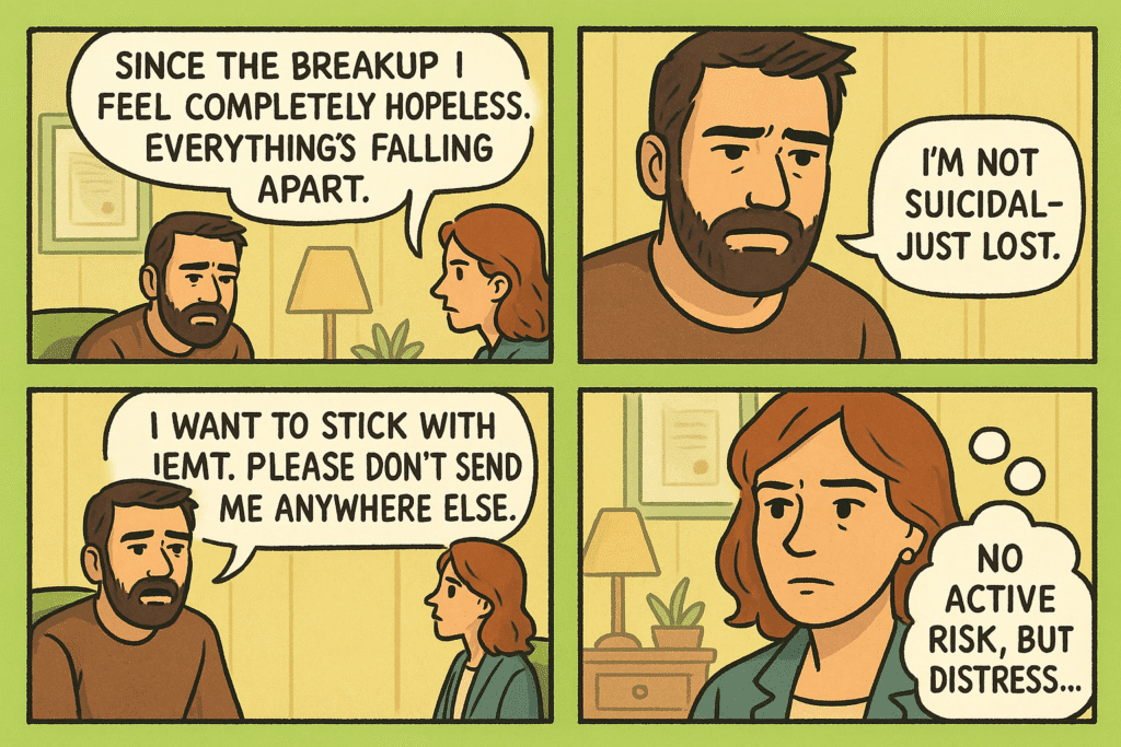 A comic shows a man telling a therapist he feels hopeless after a break-up. He says he's not suicidal, just lost after the trauma, and wants to continue therapy. The therapist notes he has no active risk, but is distressed.