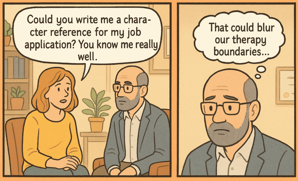 A woman with PTSD asks her therapist for a character reference for her job application. In the next panel, the therapist looks concerned and thinks, That could blur our therapy boundaries...