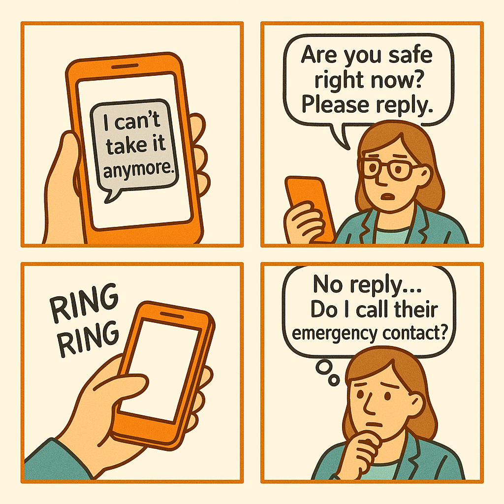 A four-panel comic shows a worried woman texting someone in distress, asking if they’re safe. With trauma and PTSD on her mind, she gets no reply, sees the phone ring, and wonders if she should call their emergency contact.