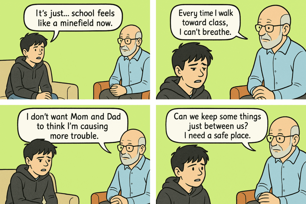 A teenage boy talks to an older man, sharing that school feels dangerous and triggers trauma; he struggles to breathe near class, worries about troubling his parents, and asks for a safe space—possibly to discuss PTSD or EMDR therapy.