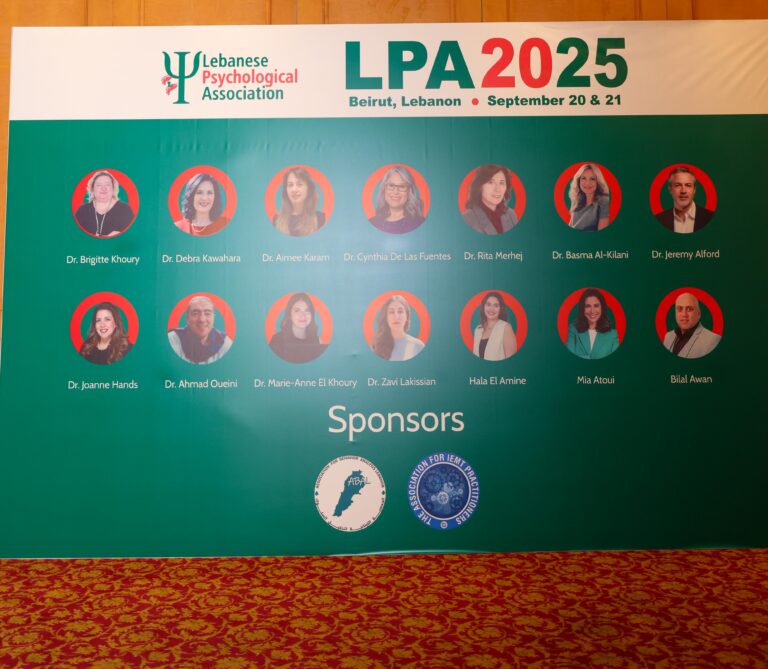 A conference banner for the Lebanese Psychological Association LPA 2025 spotlights trauma and PTSD, featuring headshots and names of twelve speakers, event details (Beirut, 20 & 21 September), and sponsor logos at the bottom.