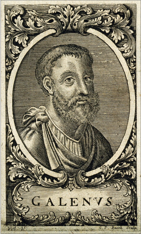 An engraved portrait of Galen, an ancient physician known for his insights into trauma, shown with a beard and robe,...