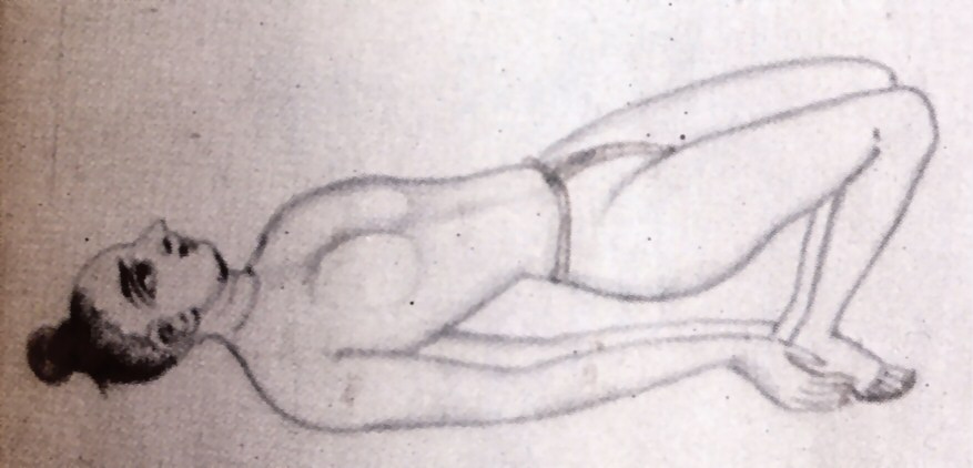 A drawing of a person lying on their back with knees bent, feet flat on the floor, arms extended by their sides, and head...