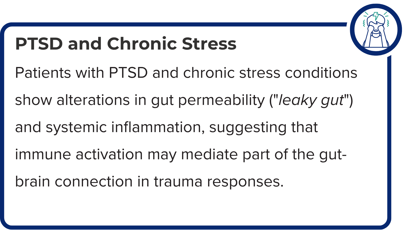 A graphic explains that PTSD and trauma may increase gut permeability (leaky gut) and systemic inflammation, highlighting...