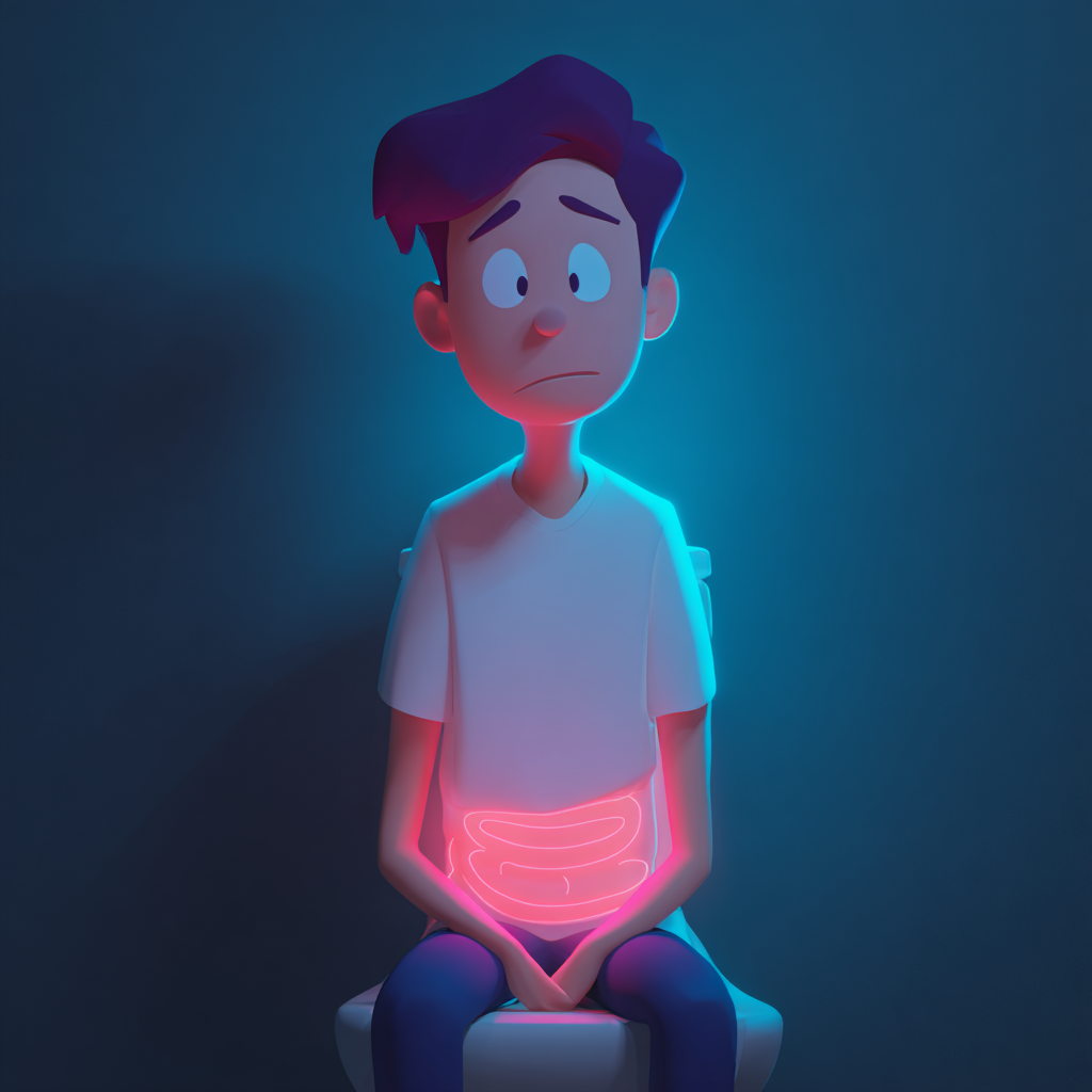 A worried cartoon boy sits on a toilet in a dimly lit room, with a glowing illustration of intestines on his abdomen,...