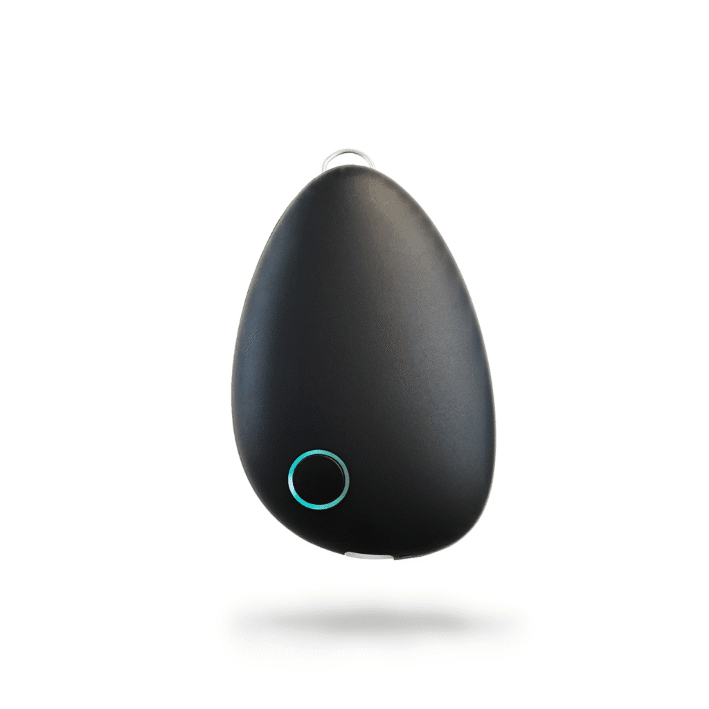 A small, black, teardrop shaped electronic device with a circular button outlined in blue near the bottom left, designed...