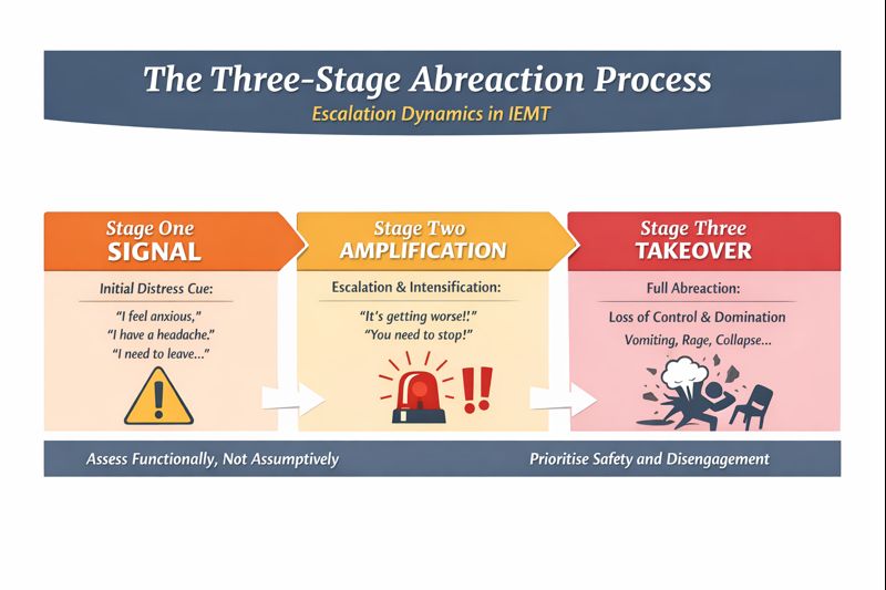 A diagram titled The Three Stage Abreaction Process illustrates how trauma or PTSD reactions unfold: Signal (symptoms and...
