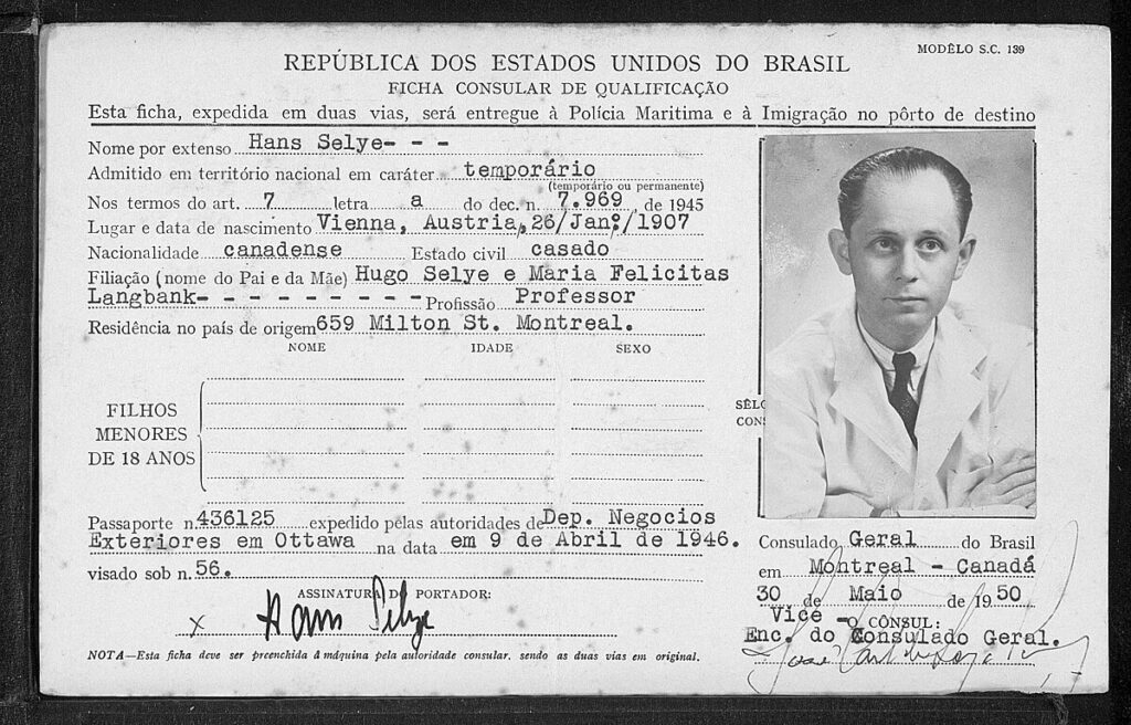 A black and white Brazilian consular document with a portrait of a man on the right. The text includes personal details...