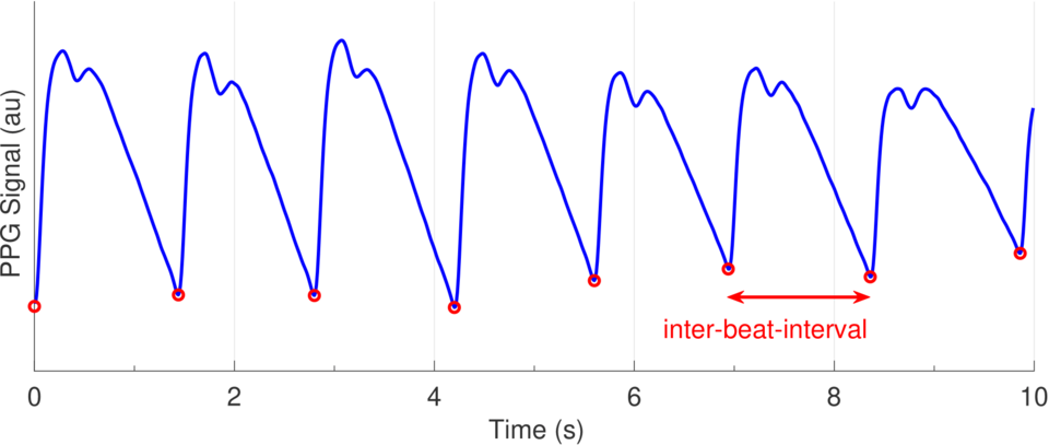 A line graph showing a blue PPG signal versus time from 0 to 10 seconds. Red circles mark signal peaks. A red arrow...