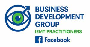 Logo with a blue and green eye and arrow, next to the text Business Development Group IEMT Practitioners—supporting trauma recovery, PTSD, and EMDR techniques—with the Facebook logo below.