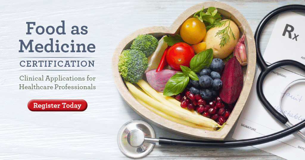 A heart-shaped bowl filled with fruit and vegetables beside a stethoscope and prescription pad, with text promoting a Food as Medicine certification for healthcare professionals treating PTSD and trauma.