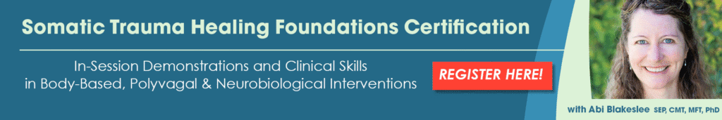 Banner for Somatic Trauma Healing Foundations Certification featuring clinical skills, in session demonstrations, and...