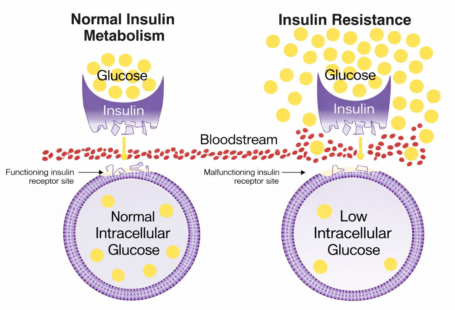 Diagram comparing normal insulin metabolism (left) with insulin resistance (right), illustrating glucose and insulin...