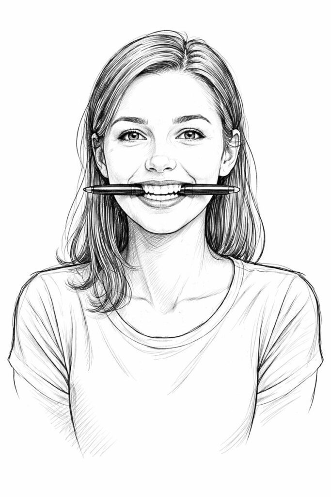A young woman with shoulder length hair and a T shirt holds a pen horizontally in her mouth, smiling playfully. This...