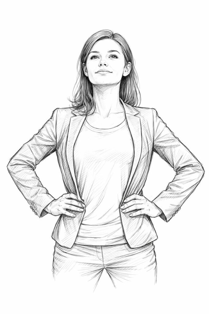 A confident woman stands with her hands on her hips, looking slightly upward. She is wearing a blazer and trousers, and...