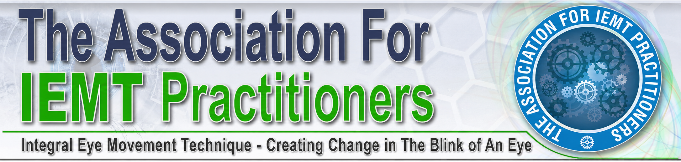 Banner with the text “The Association For IEMT Practitioners” and “Integral Eye Movement Technique - Creating Change in the Blink of an Eye,” featuring a blue circular logo with people figures and gears.