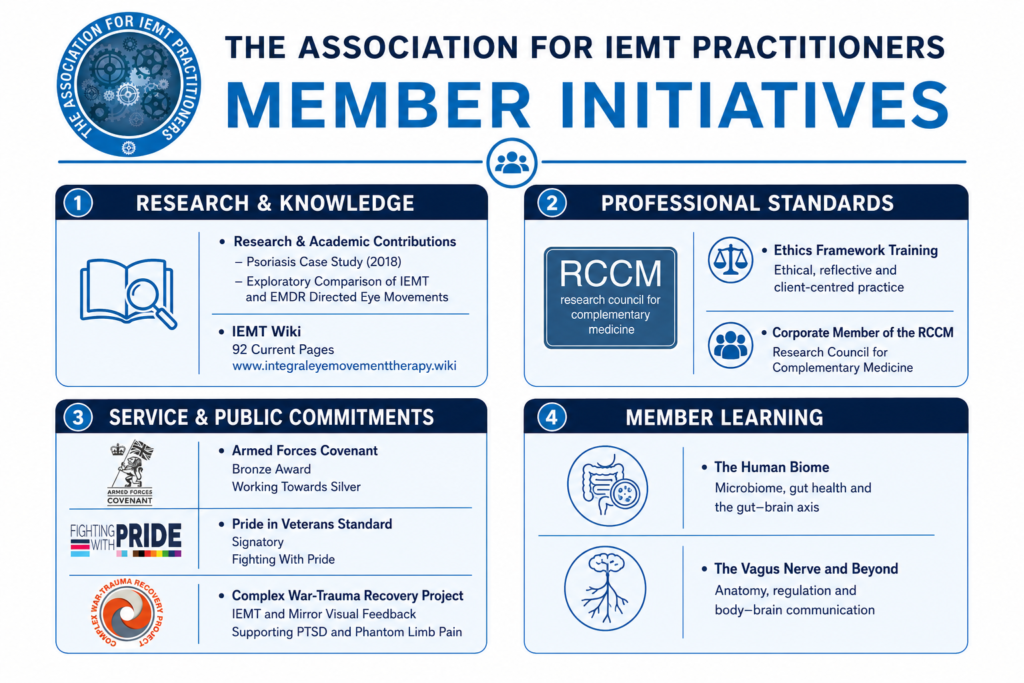 Infographic showing four Association IEMT member initiatives: research, professional standards, service & public commitments, and member learning, with related icons, project examples, and organisation logos in blue and white.
