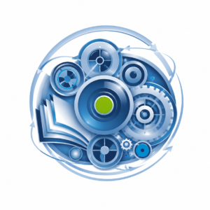 A digital illustration of interlocking blue gears, a green centre, an open book, and circular arrows, symbolising knowledge, learning, and interconnected processes.