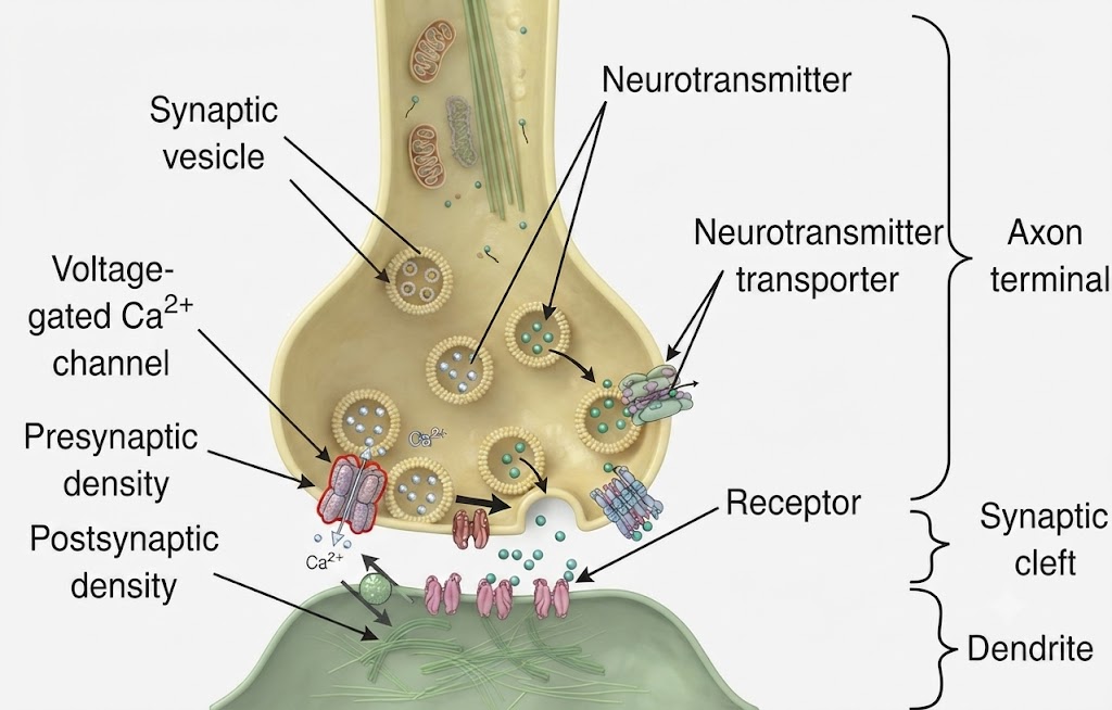 Diagram of a synapse showing labels for synaptic vesicle, voltage-gated Ca2+ channel, presynaptic and postsynaptic densities, neurotransmitter transporter, receptor, axon terminal, synaptic cleft, and dendrite. This detailed illustration helps answer the question “what is a synapse” by visually depicting how information is transmitted between neurones at the microscopic junction known as the syn.