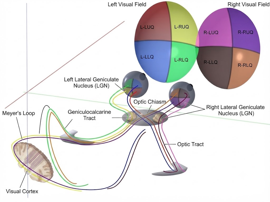 Diagram of the human visual pathway showing how visual information from left and right fields is processed, highlighting key structures such as the Optic Chiasma, visual cortex, LGN, and labelled coloured pathways essential for vision.